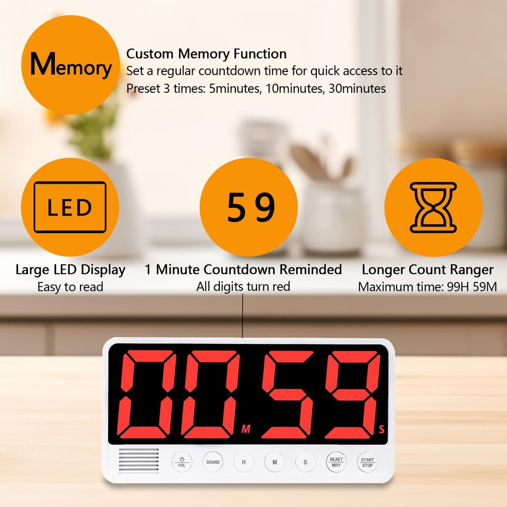 Digital Kitchen Timer - 7.1” Extra Large Display LED Magnetic Rechargeable Co...