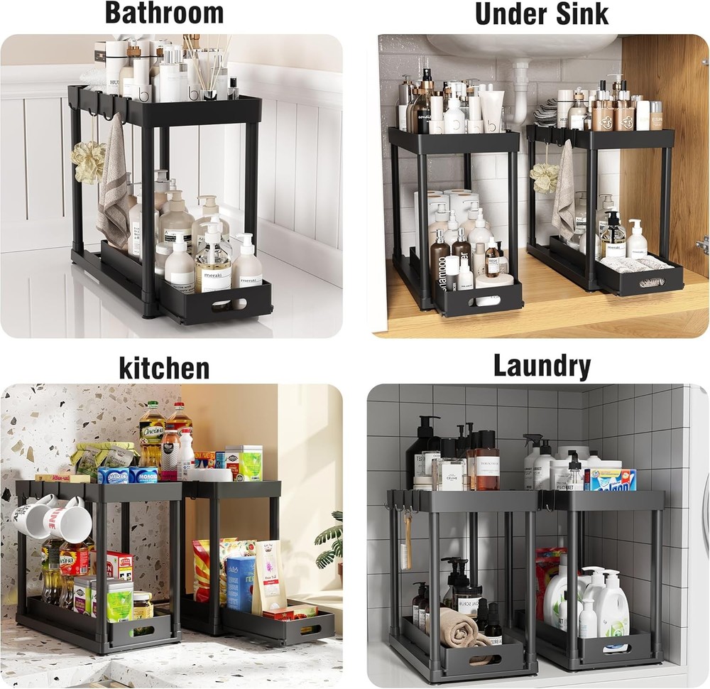 Pull Out Under Sink Organizer 2 Pack Sliding Cabinet Storage Rack Black