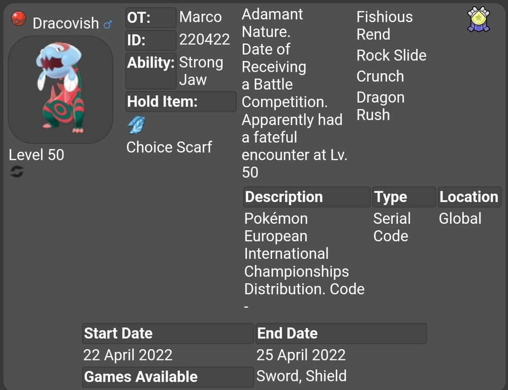 Dracovish Champion Event For Pokemon Sword & Shield