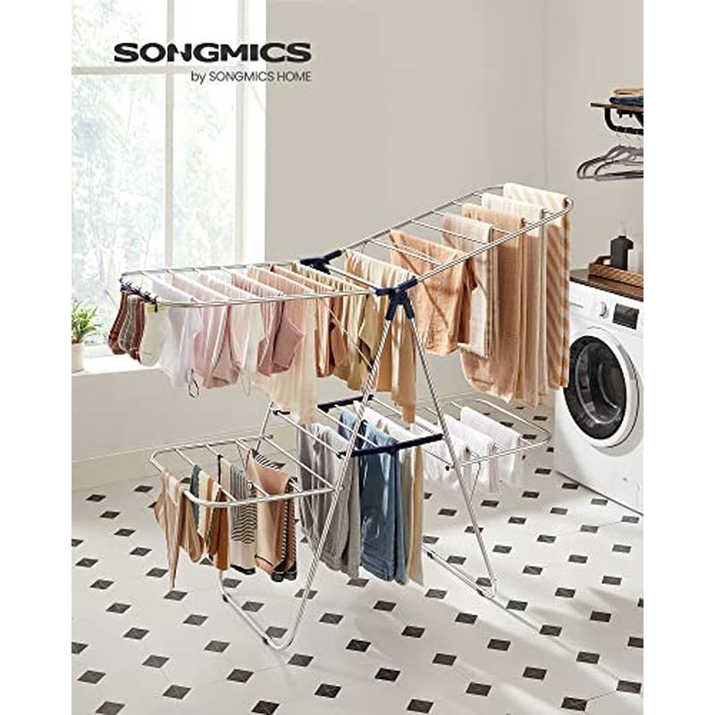 Adjustable 2-Level Clothes Drying Rack W/ 33 Rails & Sock Clips Silver/Blue New