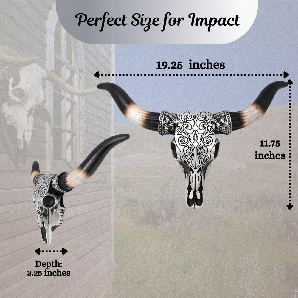 Tooled Silver Resin Bull Skull Wall Decor with Scrolls Design