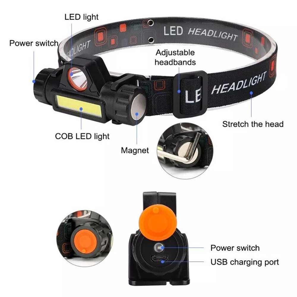2 PACK LED COB Headlamp Waterproof USB Rechargeable Head Torch Headlight 2 Modes
