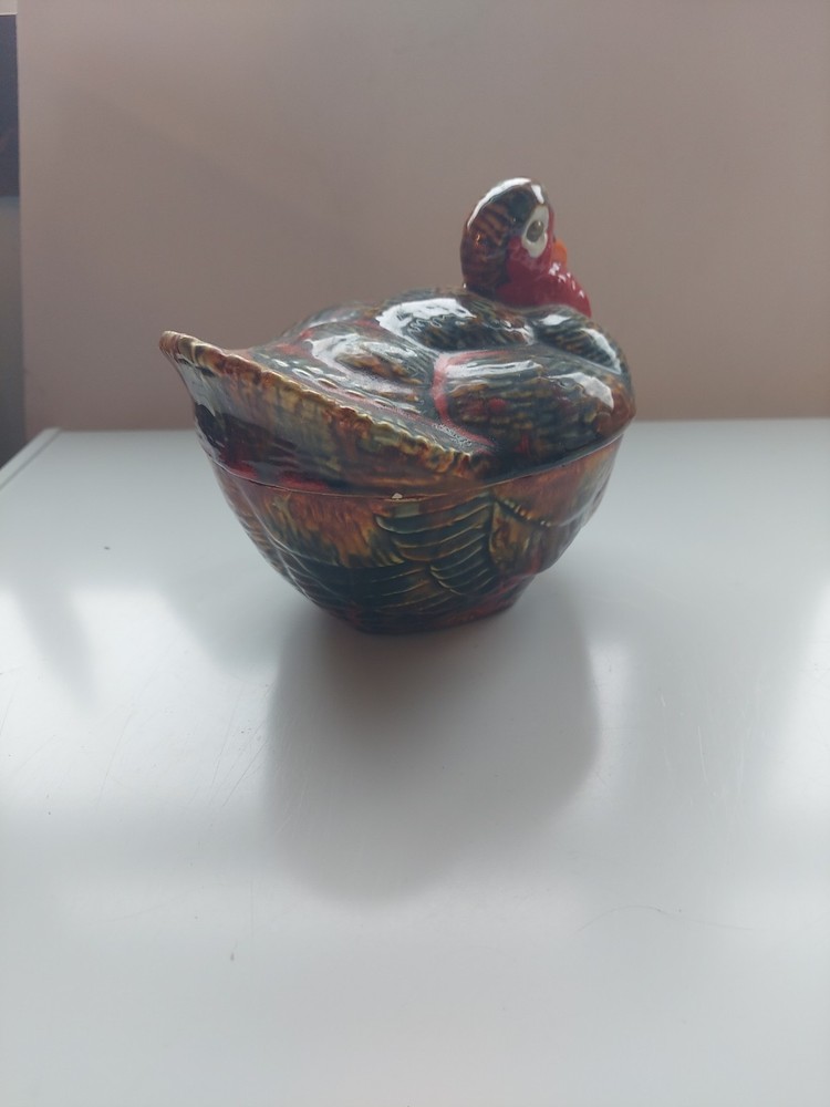 Vtg Ceramic Turkey Covered Candy Dish Signed Hand Painted