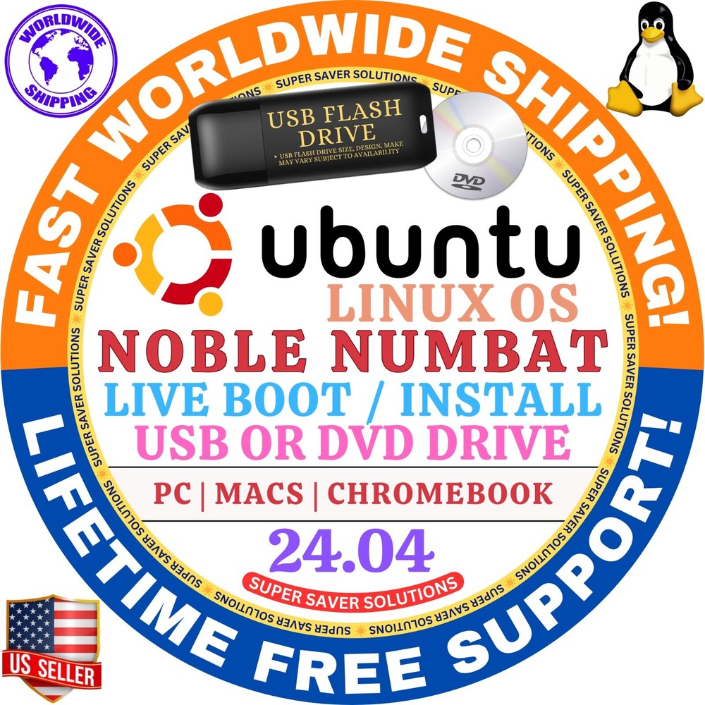 UBUNTU Linux OS 24.04.2 LTS 64-Bit BOOTABLE USB, LIVE BOOT / INSTALL, MAC & PC