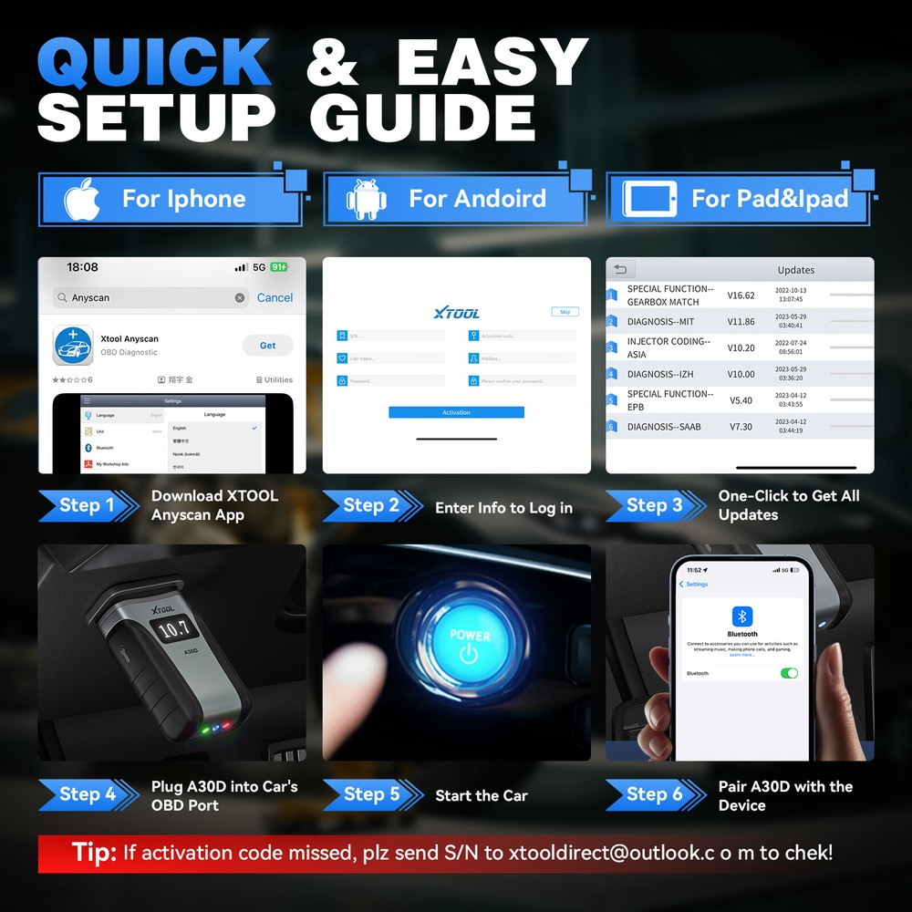 XTOOL A30D V2.0 OBD2 Scanner Bidirectional Full System Diagnostic Tool + Cable
