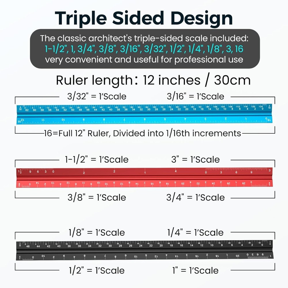High-Impact 12" Blue Triangular Scale Ruler - Perfect for Engineering Drafting