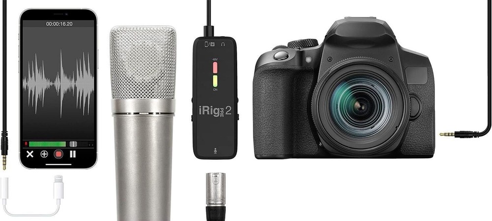 IK Multimedia iRig Pre 2 mic preamp adapter interface on iPhone iPad Android iOS