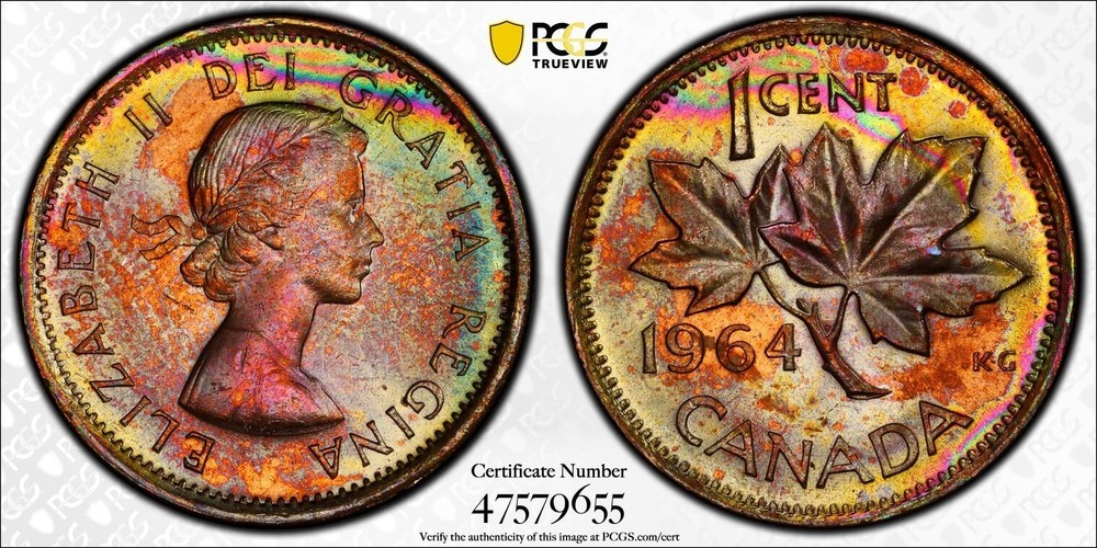 MS64RB 1964 Canada 1C Maple Leaf Cent, PCGS Trueview- Pretty Rainbow Toned