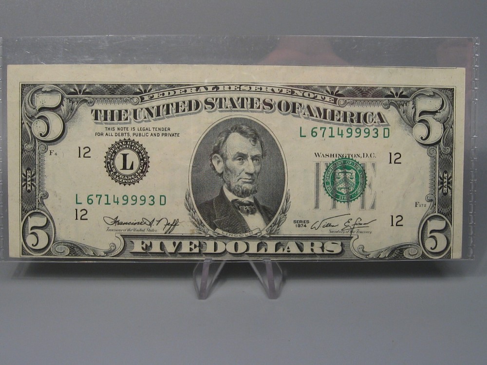 ERROR Note: 1974 $5 FRN Note. 2nd Print Shift Off-Center Error.