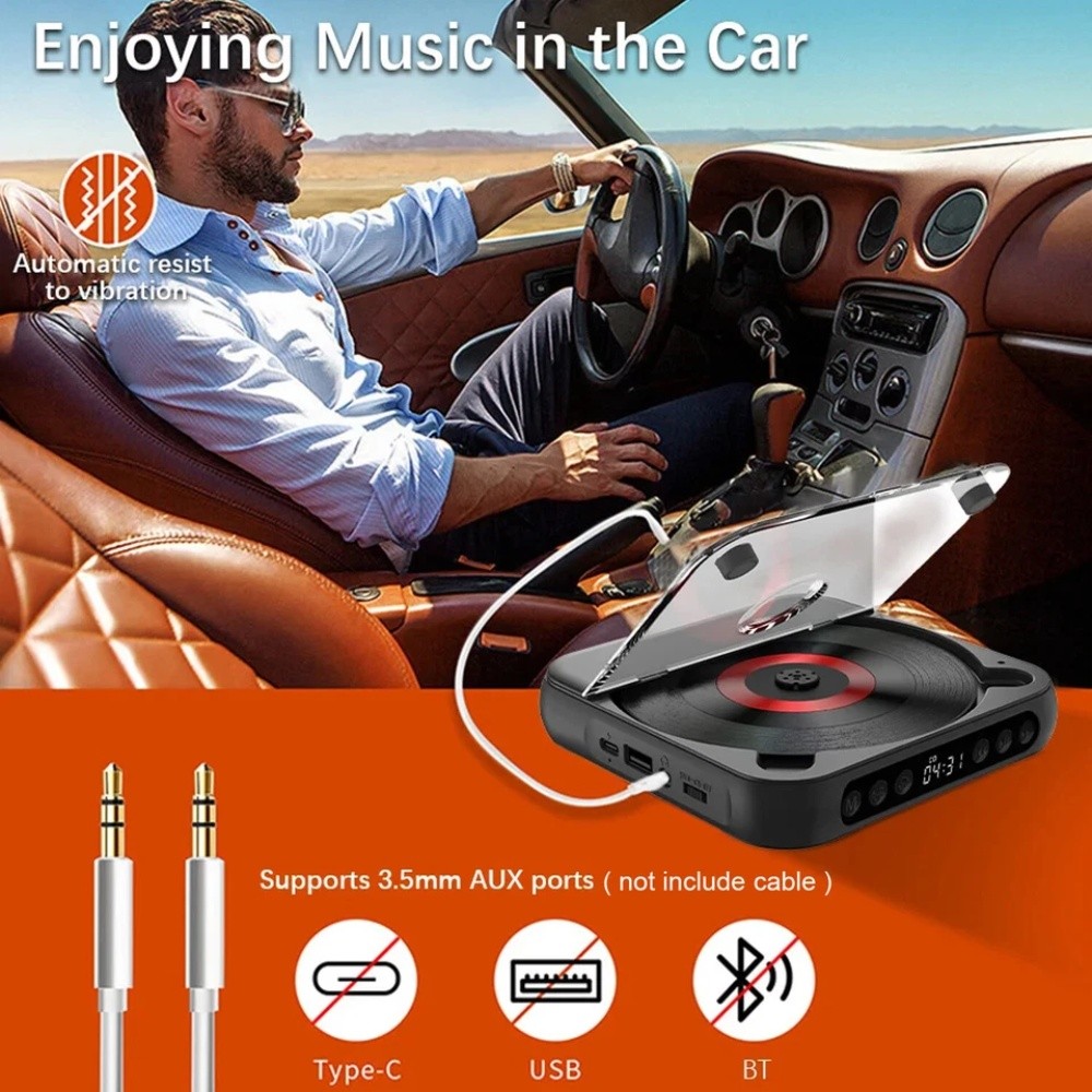 Black Portable CD Player Personal CD Players with Bluetooth Rechargeable