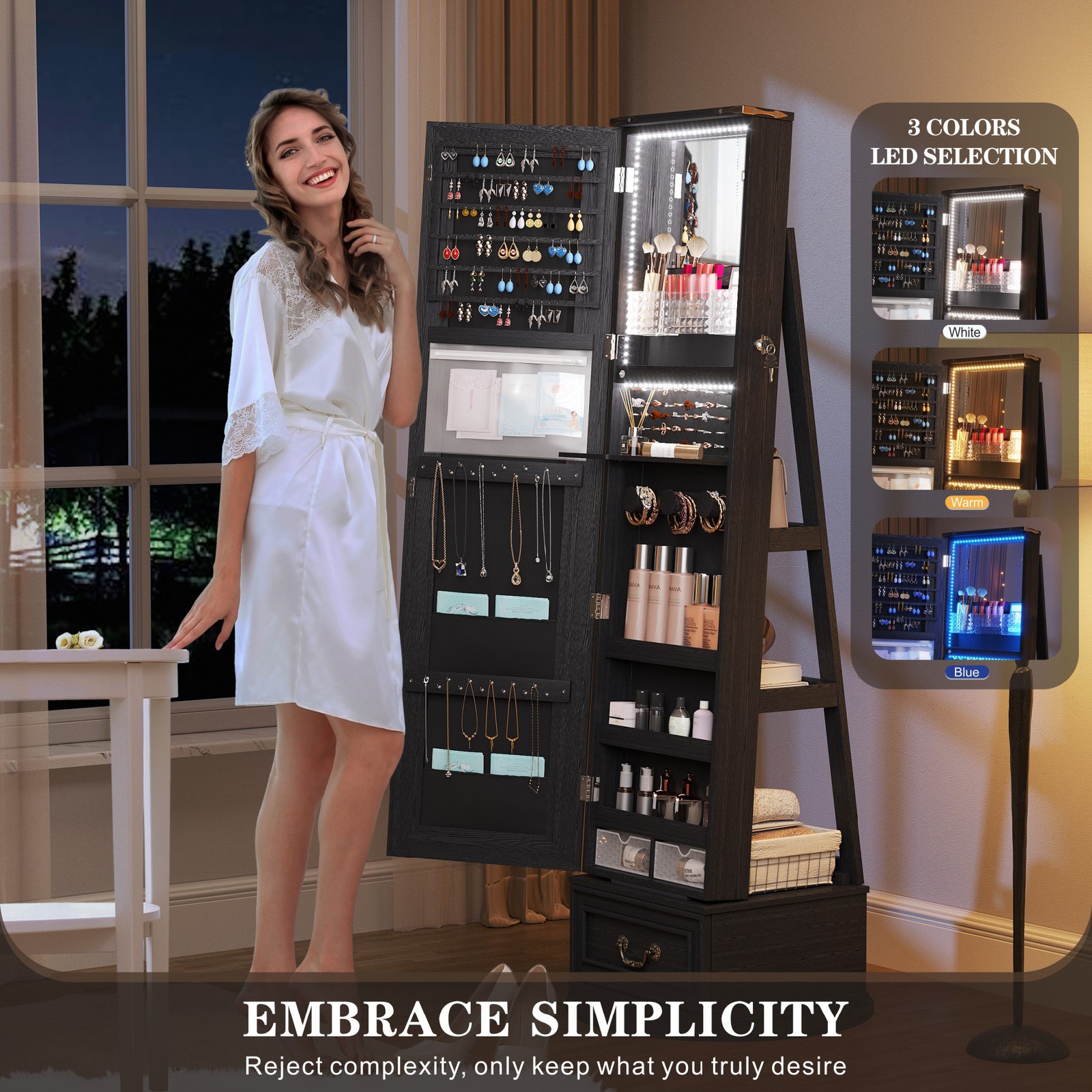 360°Swivel Jewelry Armoire Cabinet with Full Length Mirror/LED Lights/Drawers