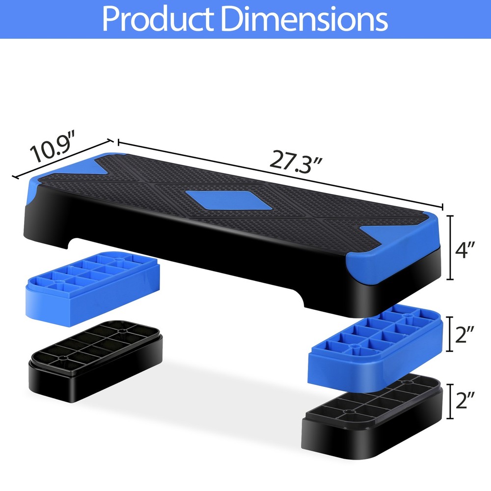Aerobic Step Platform Exercise Step Adjustable Height 4"-6''-8' w/4 Risers Blue