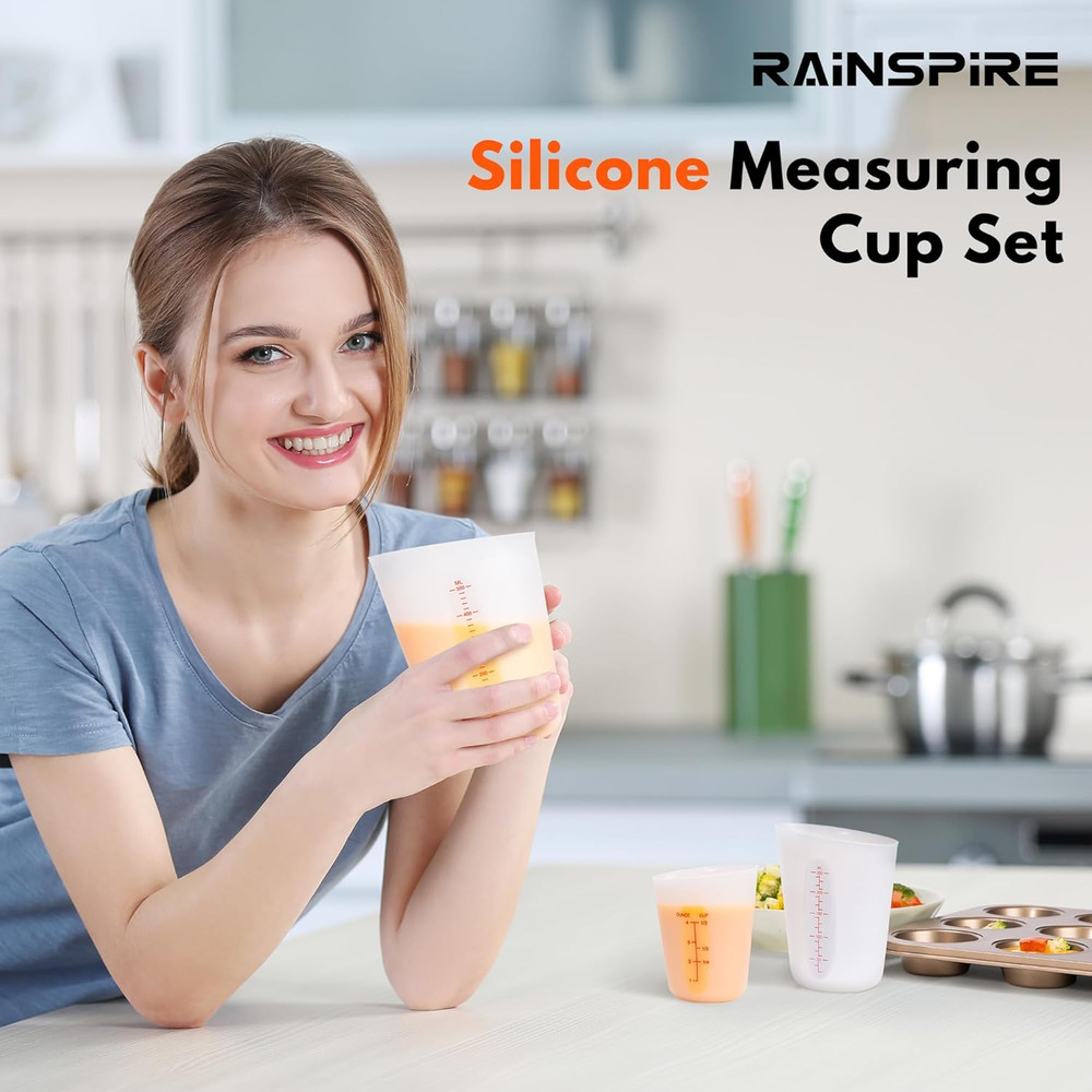 Upgraded 3 Piece Silicone Measuring Cup Sets Squeeze & Pour Liquid Measuring Cup