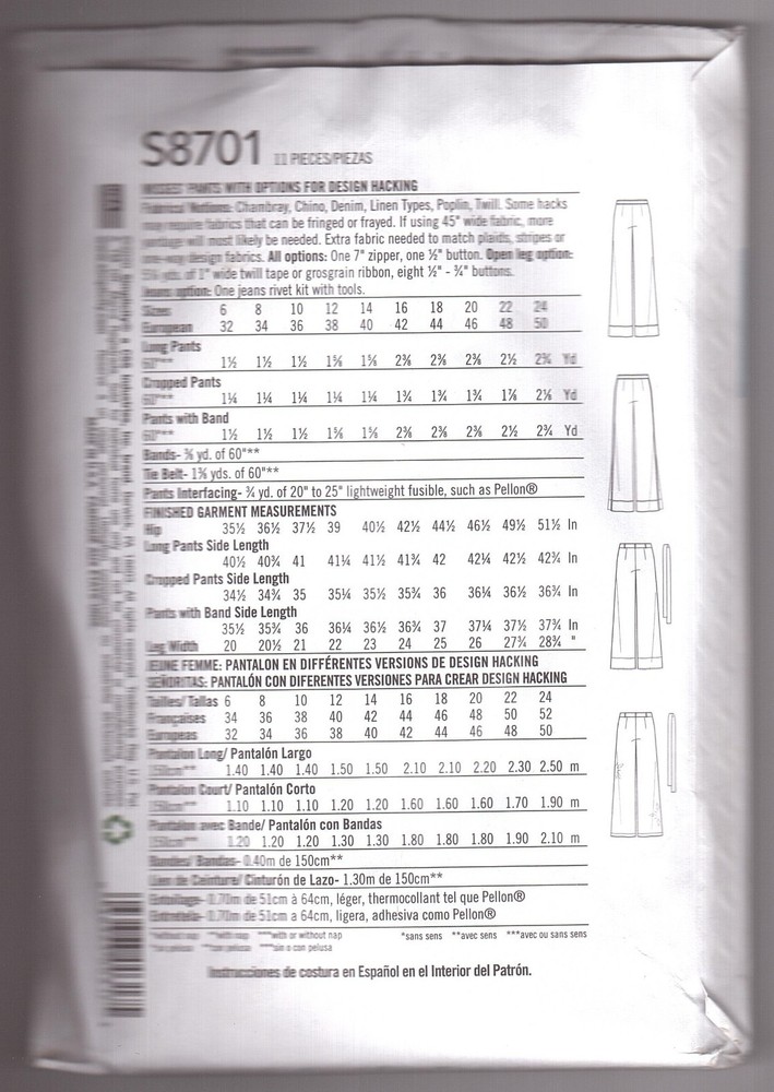 Simplicity S8701 Women's Pants Sewing Pattern Size 16-24