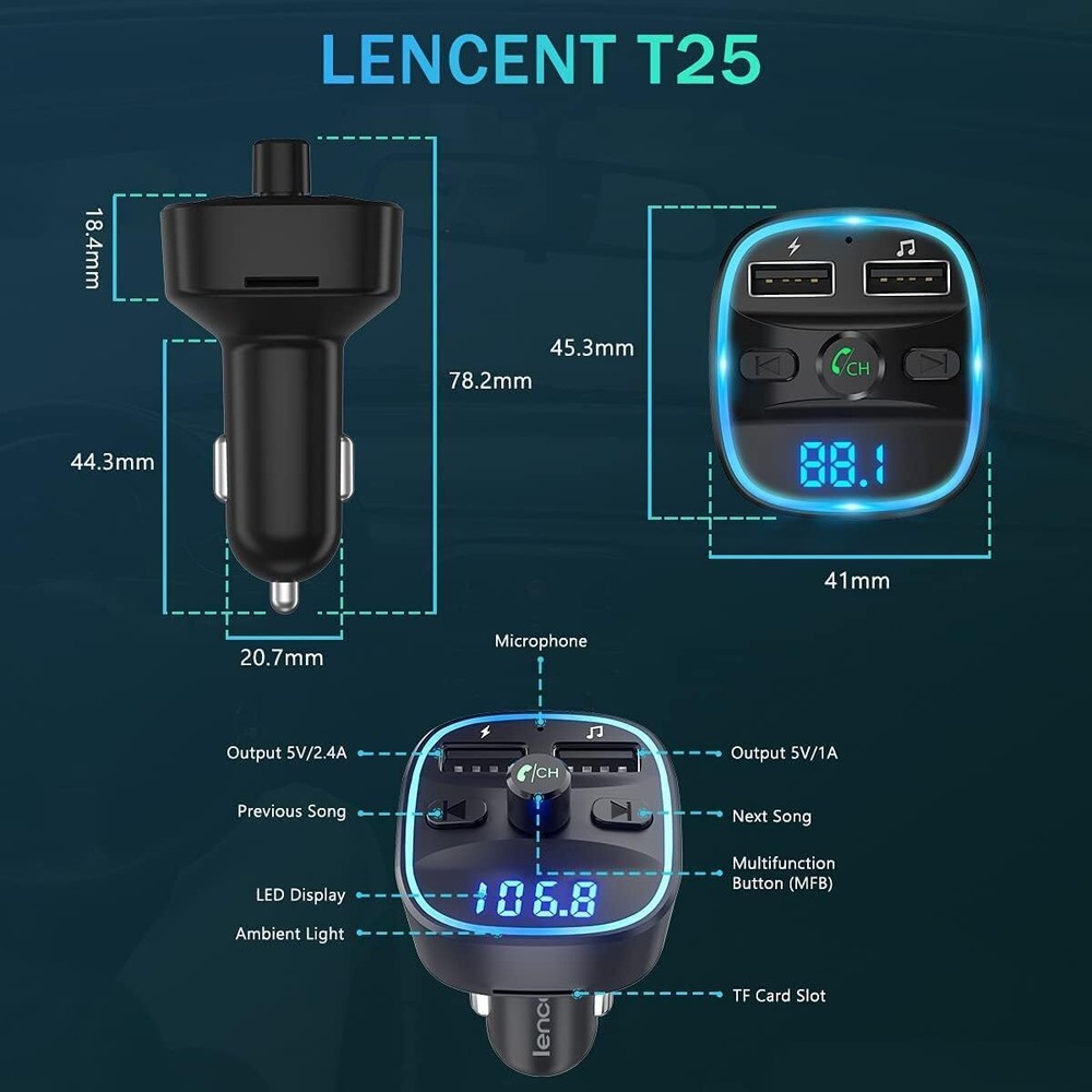 LENCENT Bluetooth FM Transmitter Wireless Radio Adapter Car Kit Dual USB