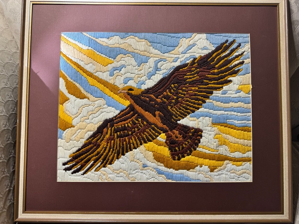 Large Vintage Needlepoint "An Eagle In Flight" - Framed