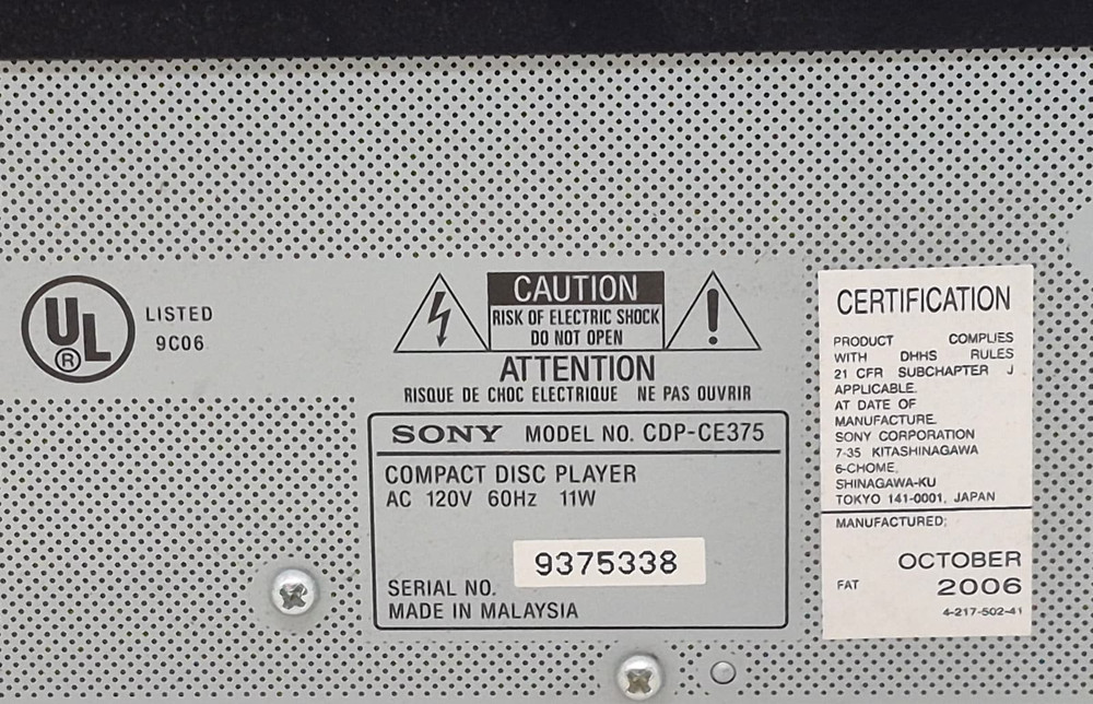 Sony CDP-CE375 Compact Disc CD Player 5 Disc Carousel Changer - CD Player Only