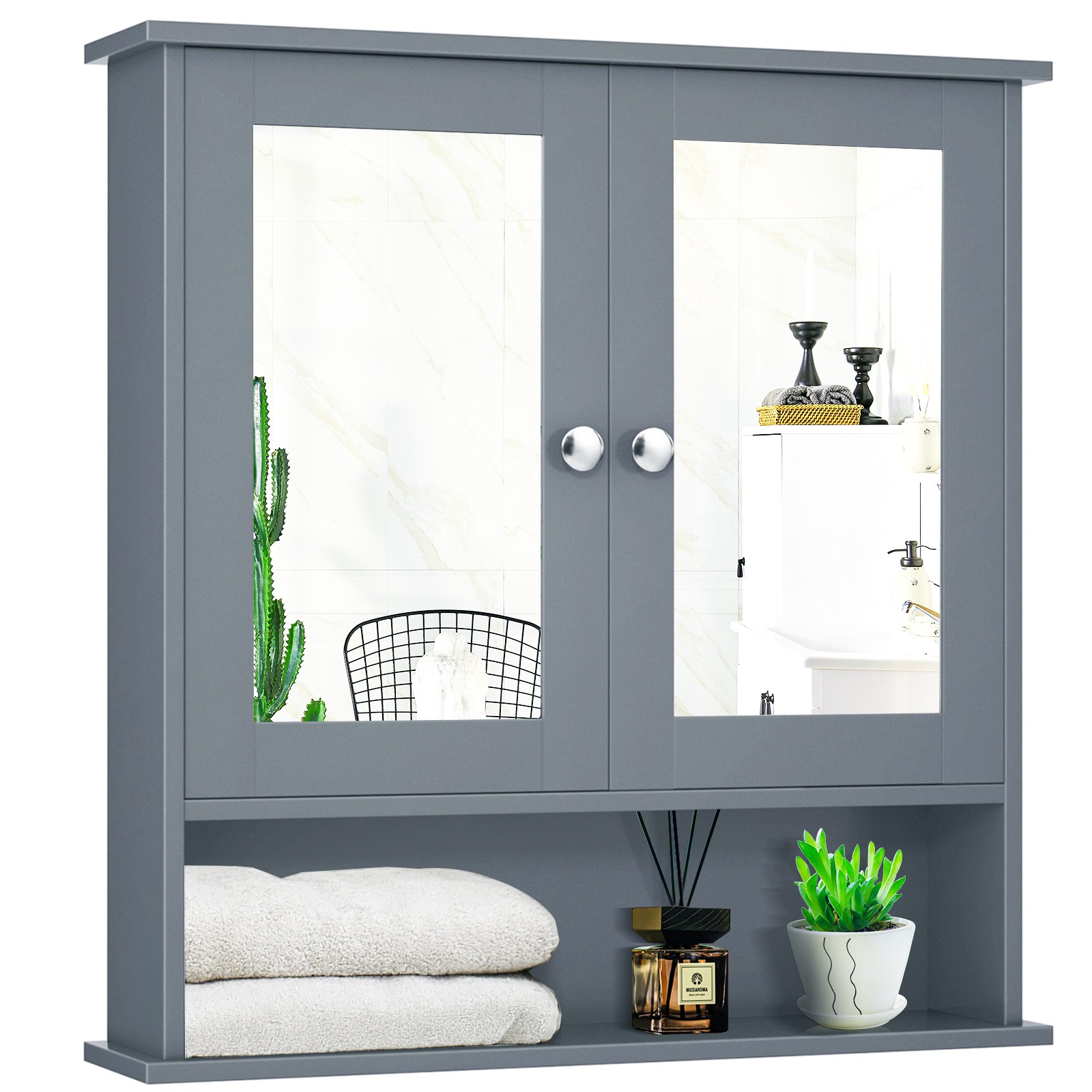 Costway Wall Mount Mirror Cabinet Bathroom Medicine Cabinet Organizer Grey