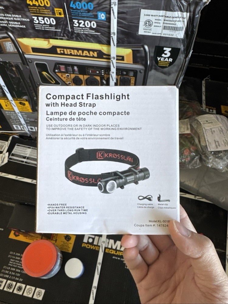 (1) KROSSLAN MODEL: KL-5018U COMPACT FLASHLIGHT W/ HEAD STRAP, RE-CHARGEABLE.