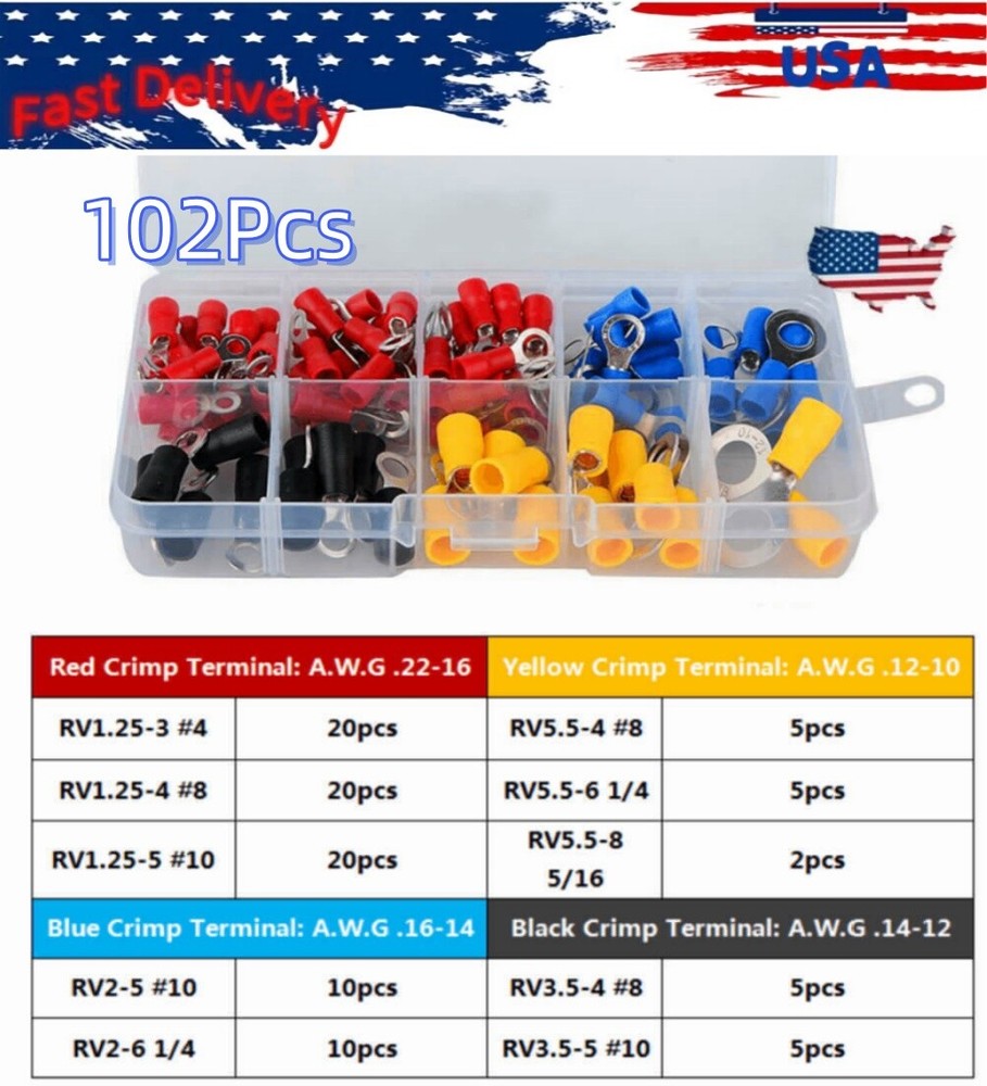 Assorted Vinyl Insulated Ring Crimp Terminal Electrical Wire Connectors 102Pcs
