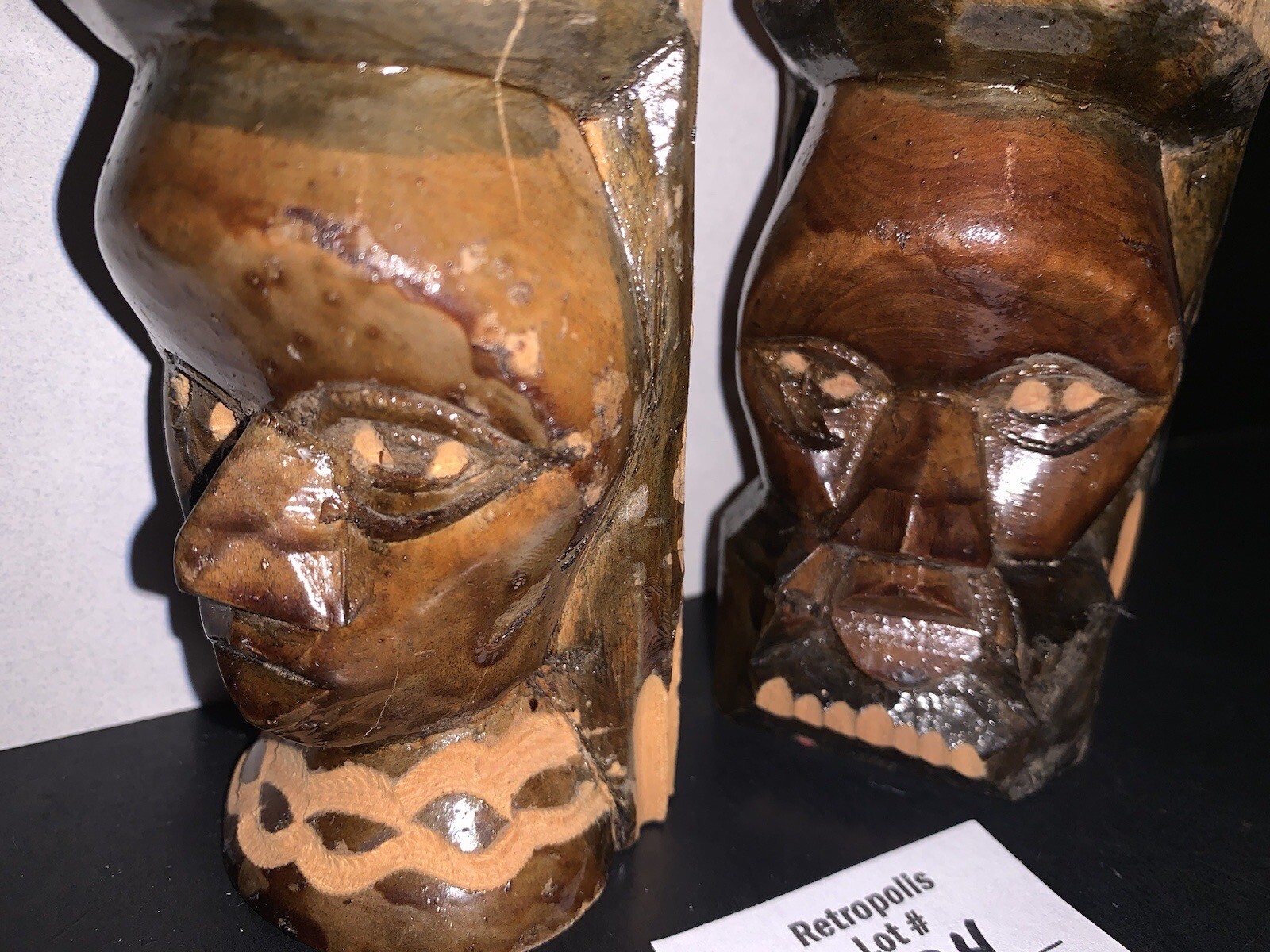 VTG Tribal Wood Totem Head Busts Male Female Hand Carved signed