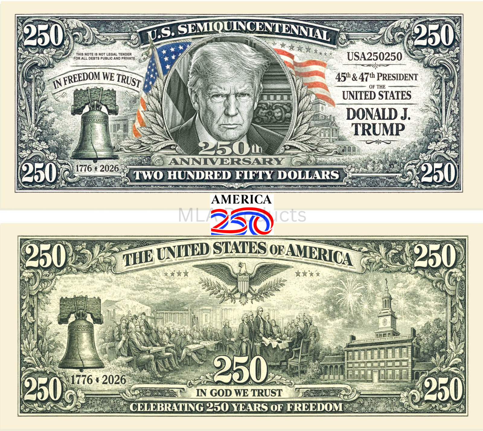 5 Pack America 250th Anniversary Dollars Donald Trump Collectible Freedom Money