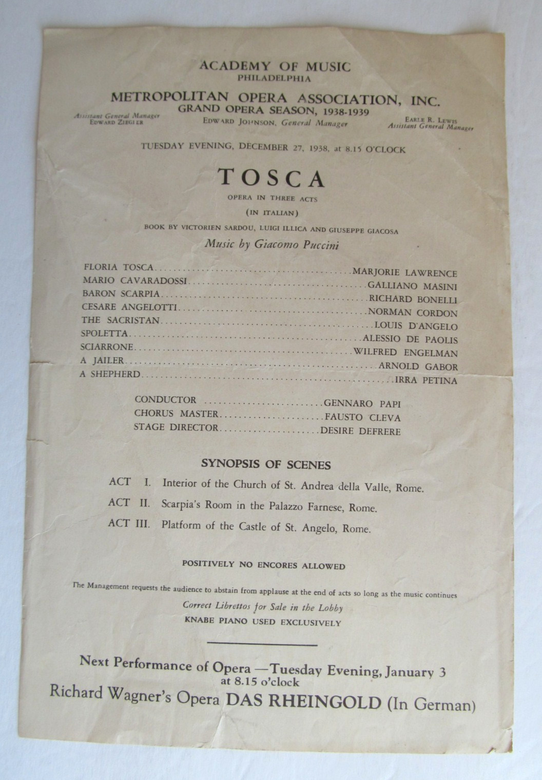 Program -Tosca - 1938 - Metropolitan Opera Philadelphia - Lawrence