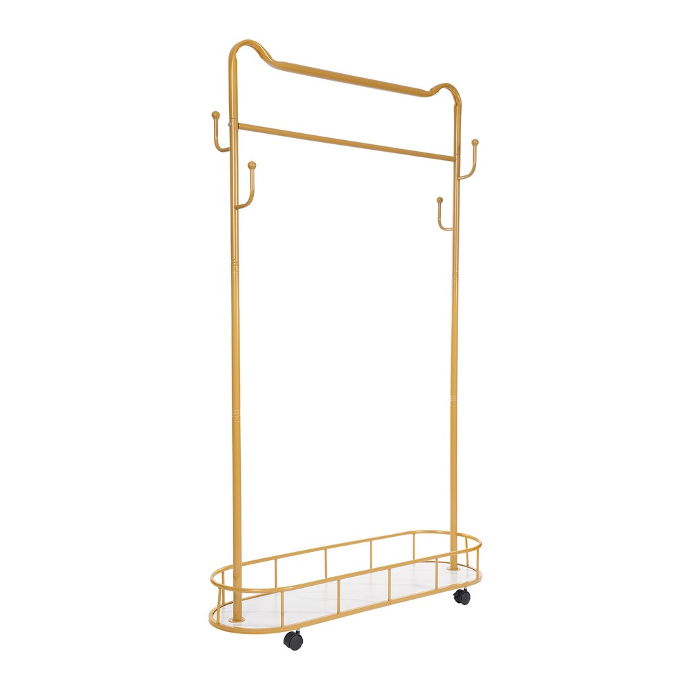 Movable Gold Clothes Coat Rack With Storage Basket Universal Wheels For Hallways