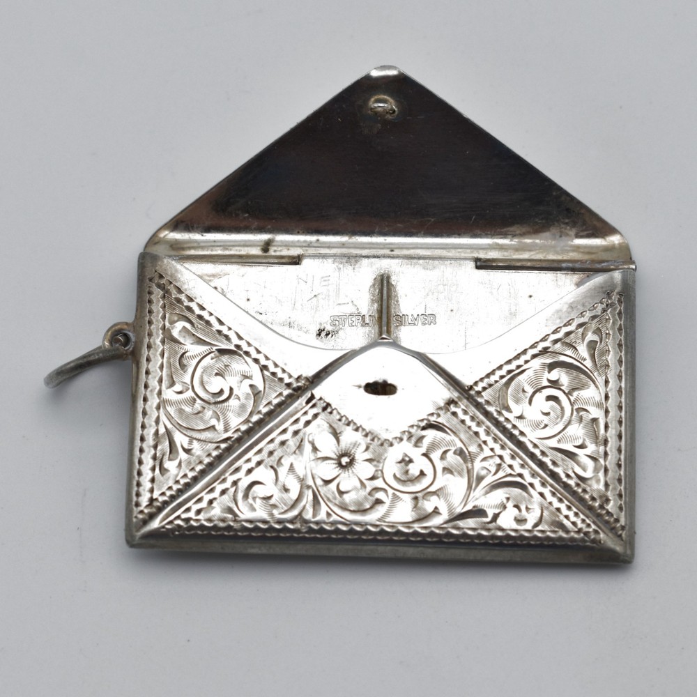 Antique Solid Silver Double Stamp Case Scroll Pattern Engraved Envelope Shape
