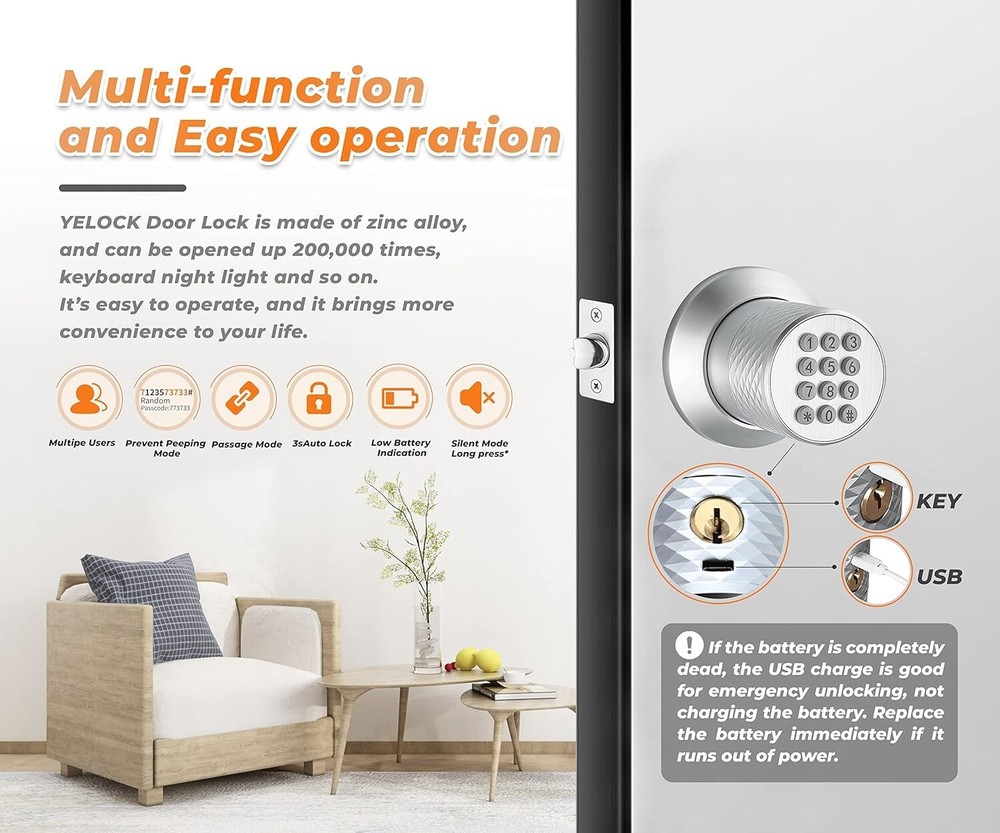 Electronic Keypad Door Knob, Smart Keyless Entry Door Knobs, Code, Anti-Slip