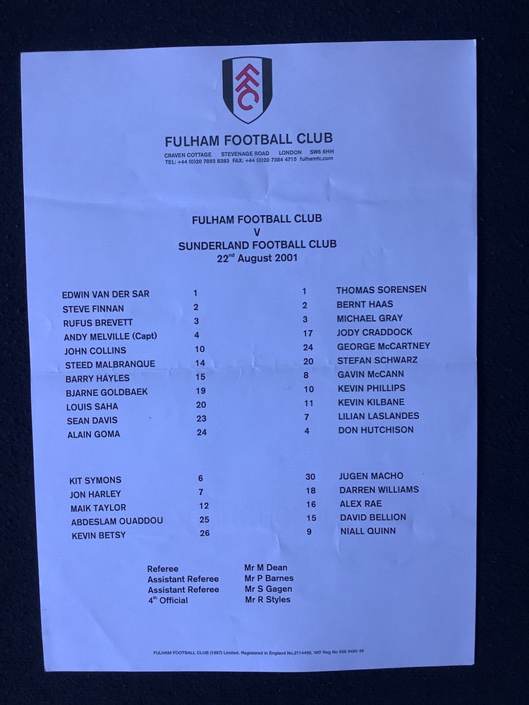2001/2 Fulham v Sunderland  teamsheet