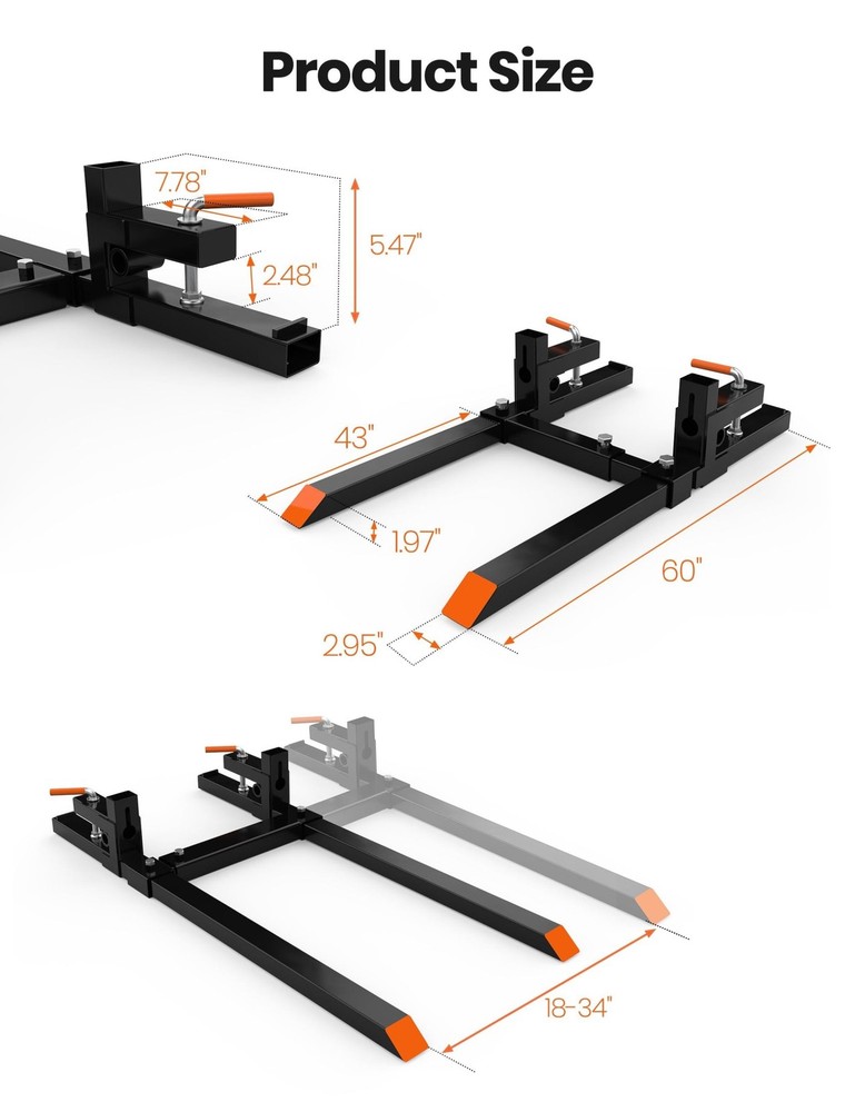 60" 2000LBS Clamp On Pallet Forks with Adjustable Stabilizer for Tractor Loader