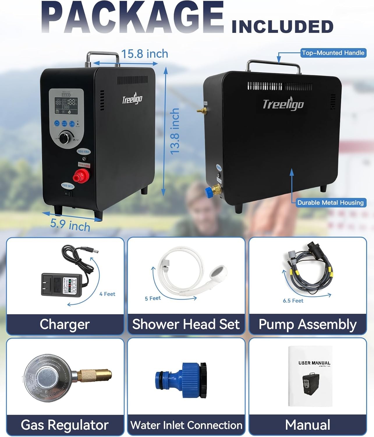 Portable Propane Water Heater for Camping Shower 4500mAh Rechargeable Battery
