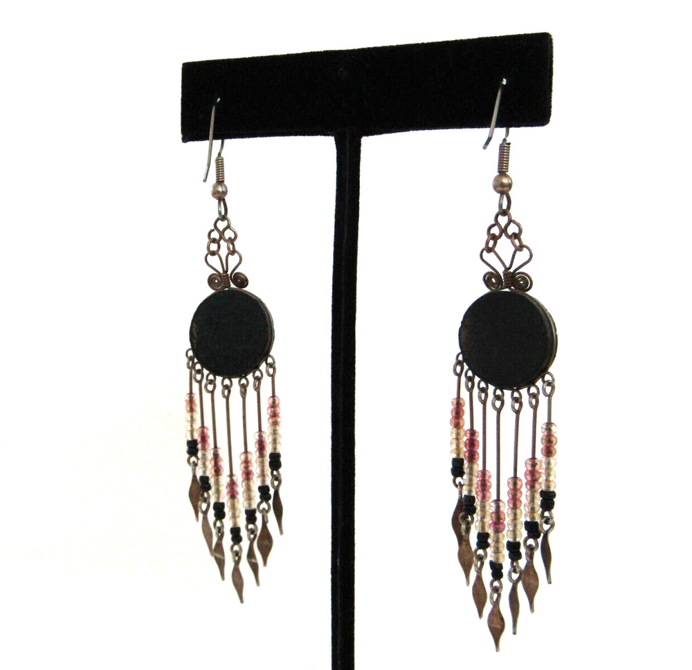 Handmade Hand Painted Boho Beaded Drop Dangle 3.5" Hook Earrings