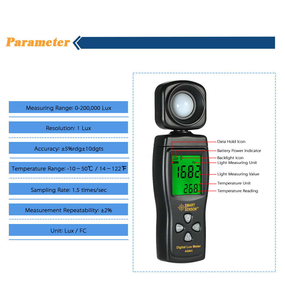 SMART SENSOR Mini Digital Lux Meter LCD Display Handheld 0-200000 Light Meter