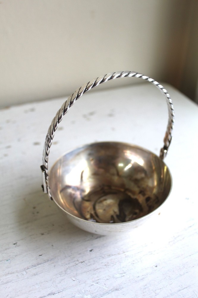 Low Silverplate Metal Bowl with Twist Swing Handle Easter Basket Incense Burner