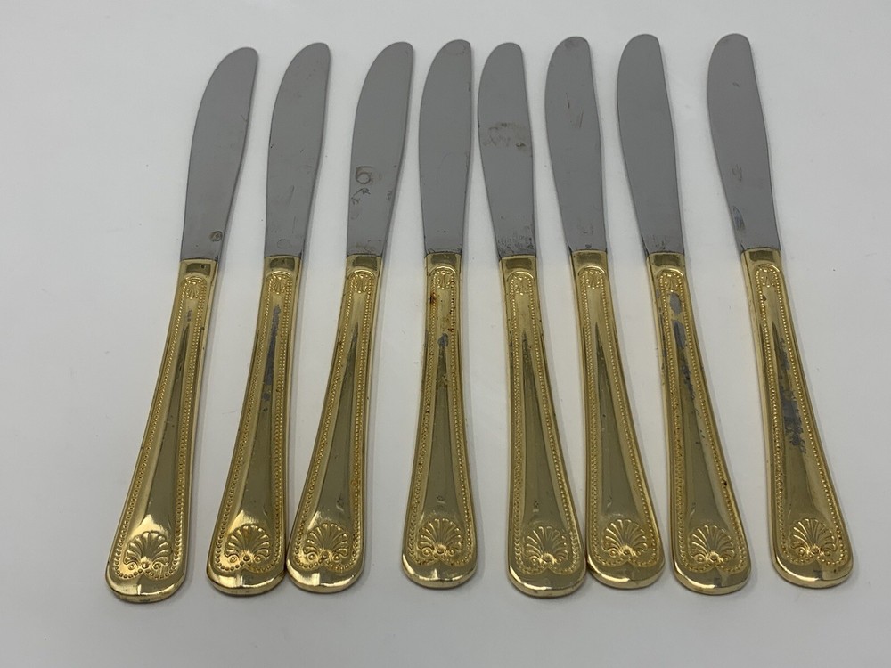 Towle Abbey Shell Gold Electroplate Stainless 8 Modern Solid Dinner Knives