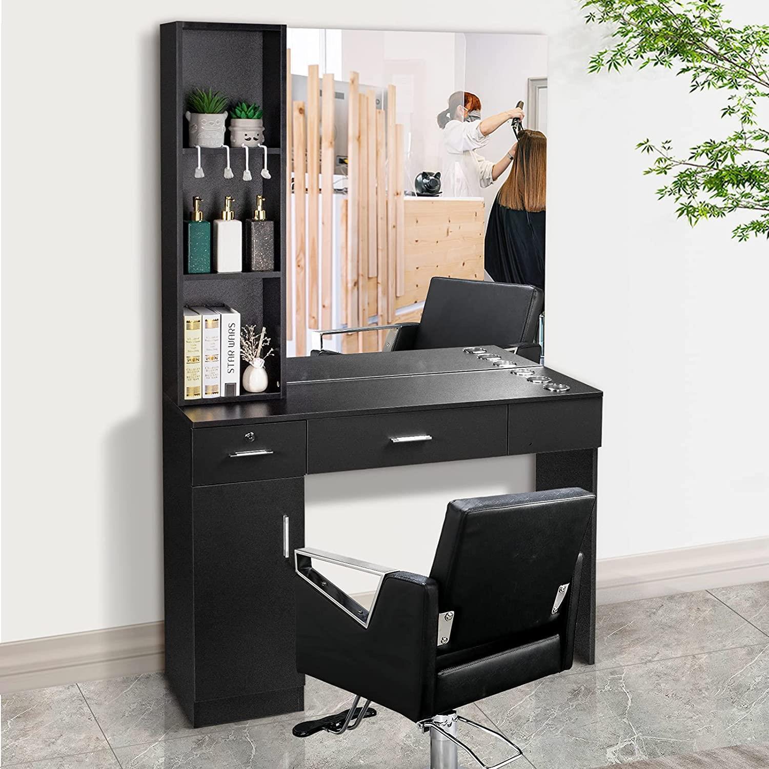Beauty Salon Station Table Hair Styling Barber Storage Cabinet Shelves W/ Mirror