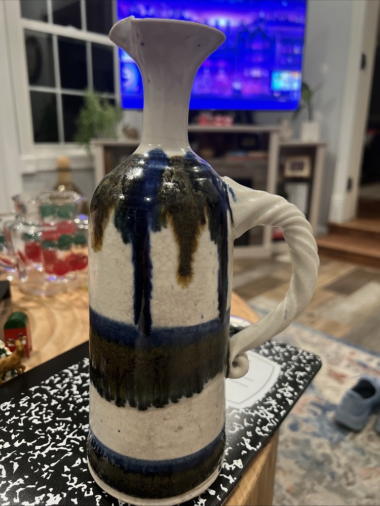Pitcher Drip Glaze High Gloss Signed Handmade Stoneware Pottery 10.25”multi-colo