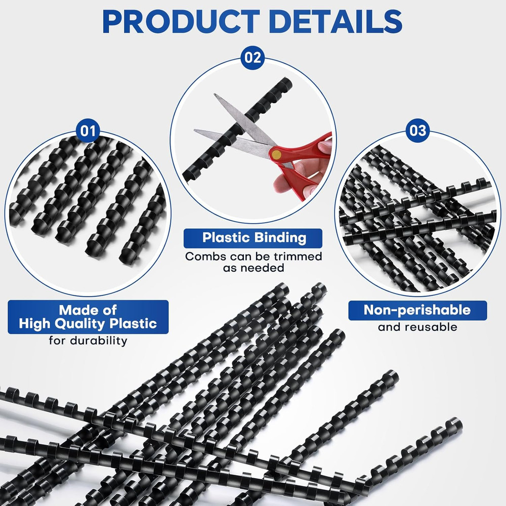 100 Pack 21 Ring Plastic Comb Binding Spines | 1/4 Inch Diameter, 20 Sheet Capac