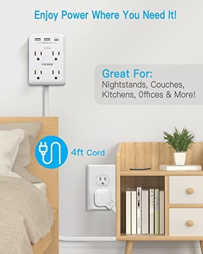 "Flat Multi Plug Extender with 3 USB Ports, 4 Outlet Surge Protector, 4ft Cord"