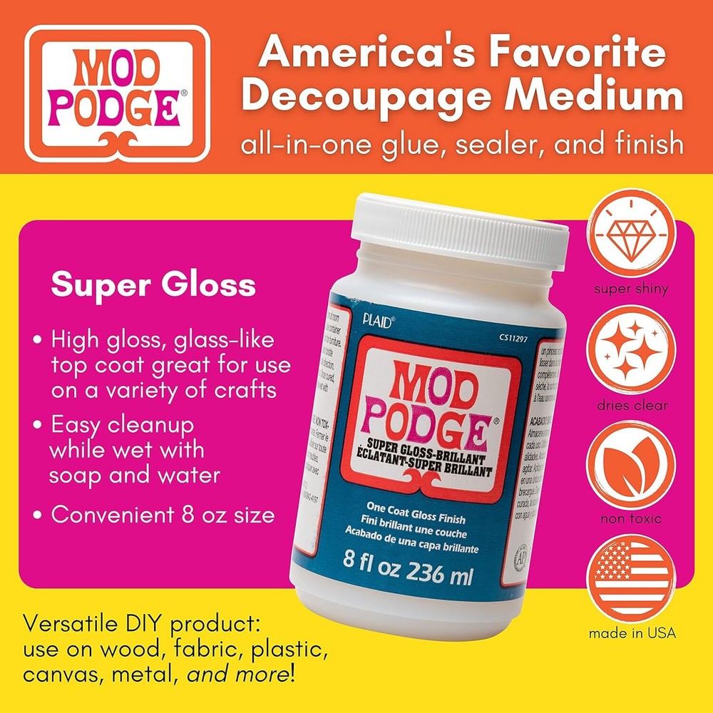 Mod Podge Super Gloss Multi Surface Decoupage Glue 8 Oz Clear Finish