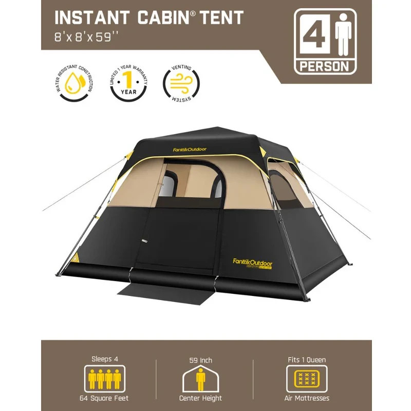 Fanttik Camping Tent 4 Person Instant Cabin Tent Setup in 60 Seconds with Rainfl