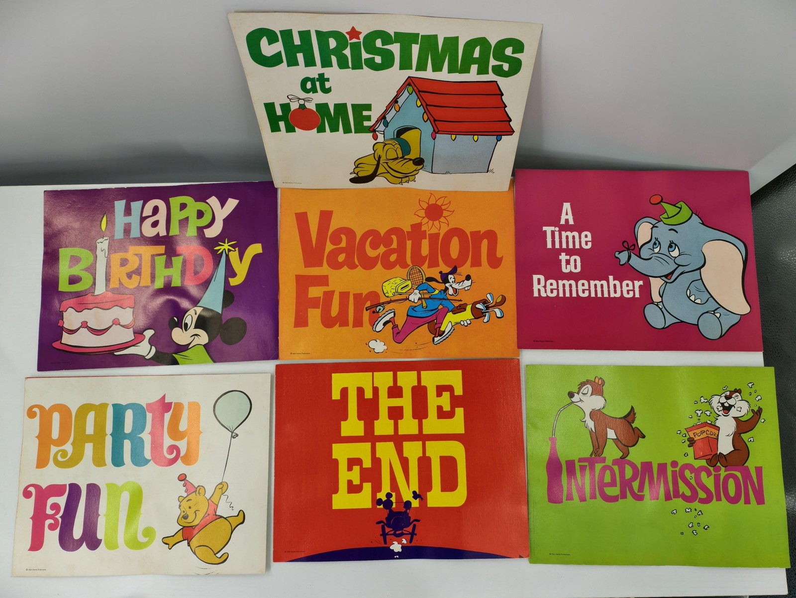Vintage Walt Disney Productions Party Sign Lot Of 7 Mickey Goofy Title Cards