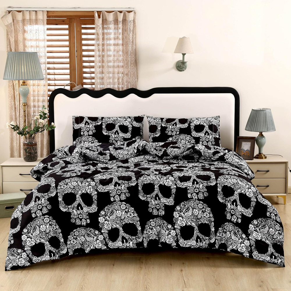 3PCS Sugar Skull Comforter Set Queen, Soft Microfiber Lightweight Skull Comforte
