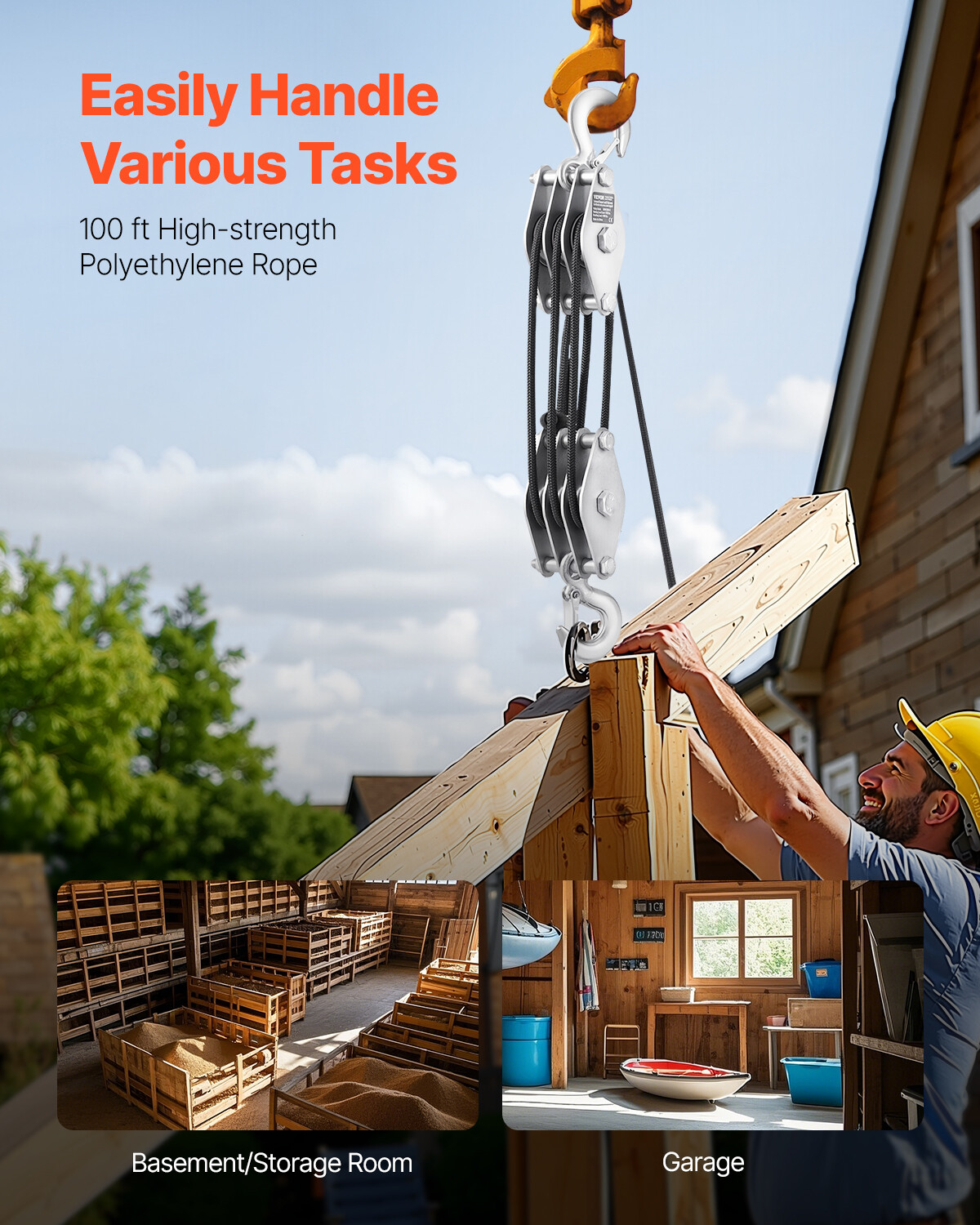 4400 lbs Rope Hoist Pulley System Block and Tackle 5:1 Lifting Ratio 100 ft Rope