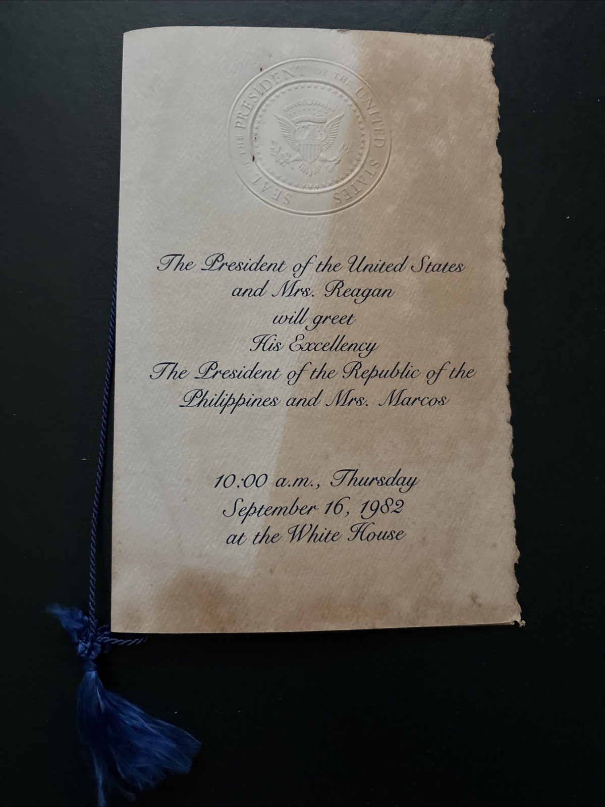 1982 Ronald Reagan White House Arrival Ceremony Program President of Philippines