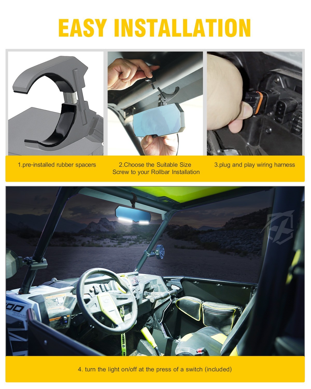 13" UTV Rear View Center Mirror w/COB Lights 1.75" - 2" For Polaris RZR XP 1000