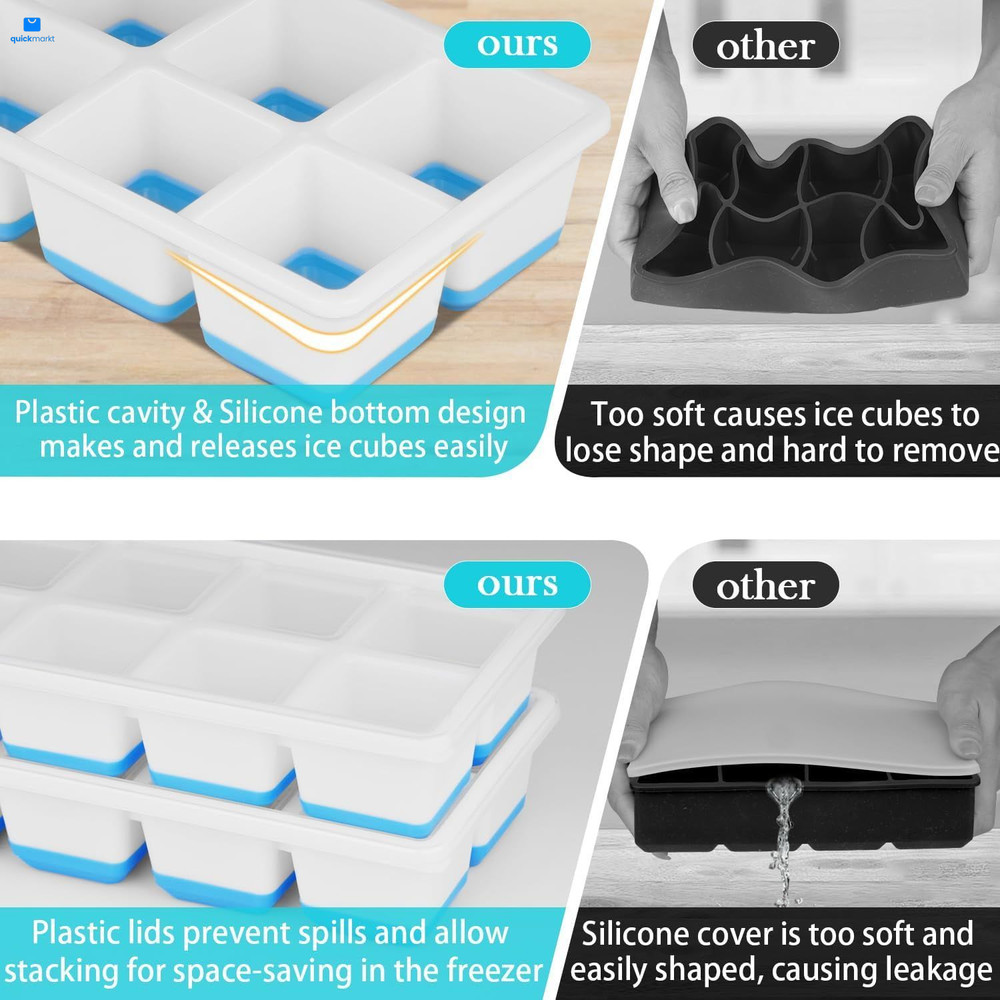 Large Ice Cube Trays 2 Pack, Silicone Easy-Release and Large, Blue White