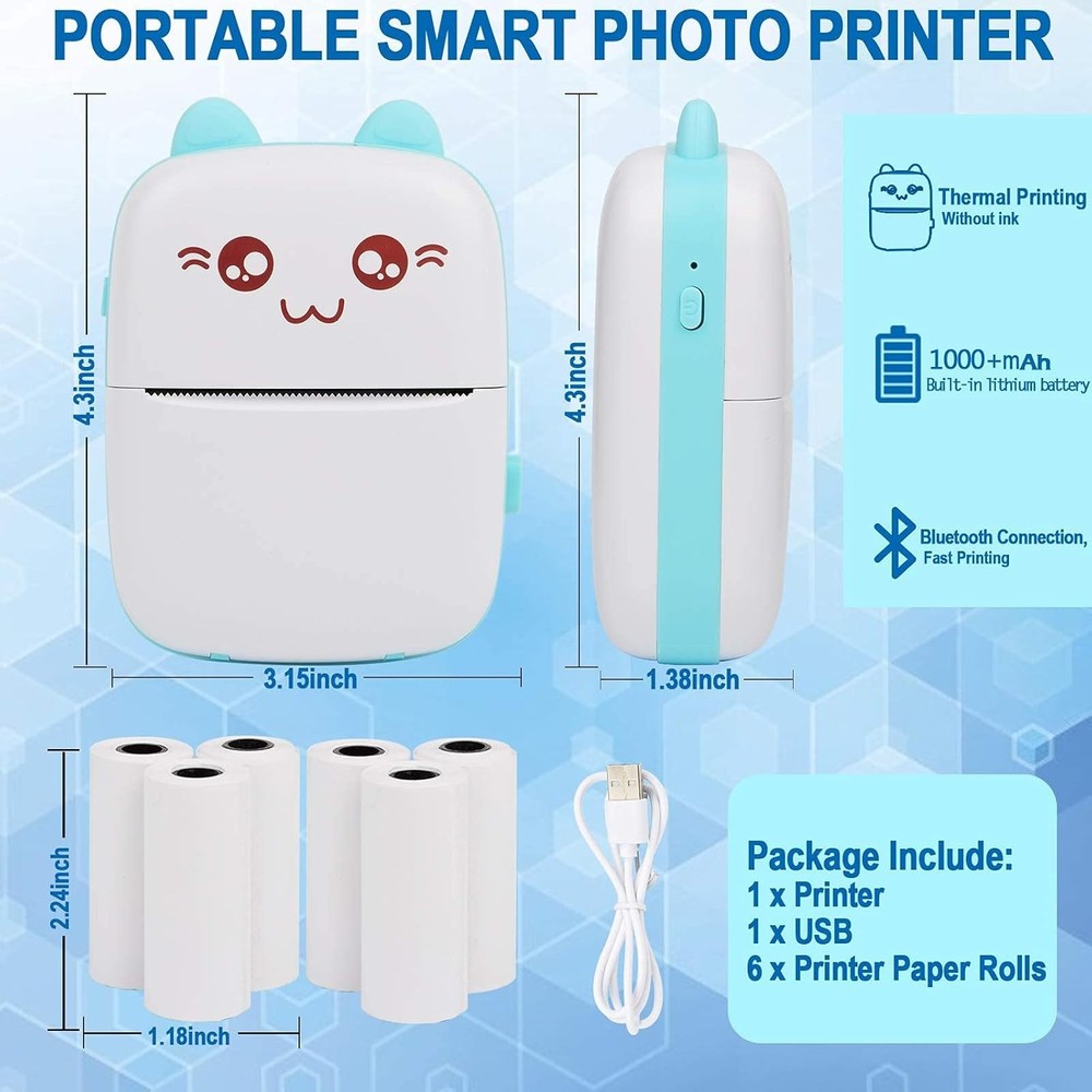 Portable Printer, Mini Pocket Wireless Bluetooth Thermal Printers with 6 Blue